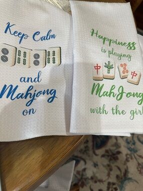 Mahjong Kitchen Towels - White with Blue & Green Script , set of two